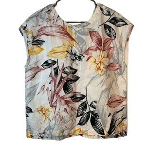 Women's C&C California Floral Leaves Boxy Linen Sleeveless Blouse Size Large EUC
